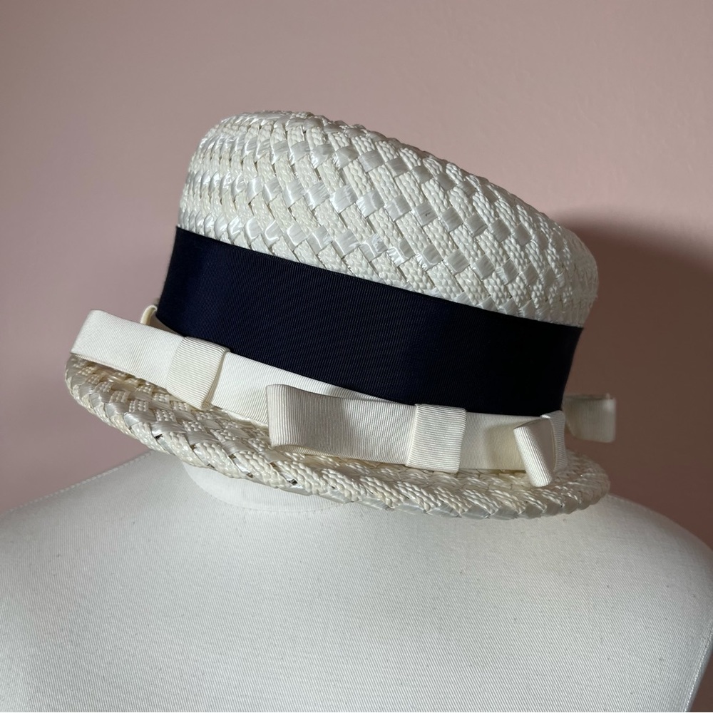 Ivory Straw Boater Hat with Black Band With Hat Box